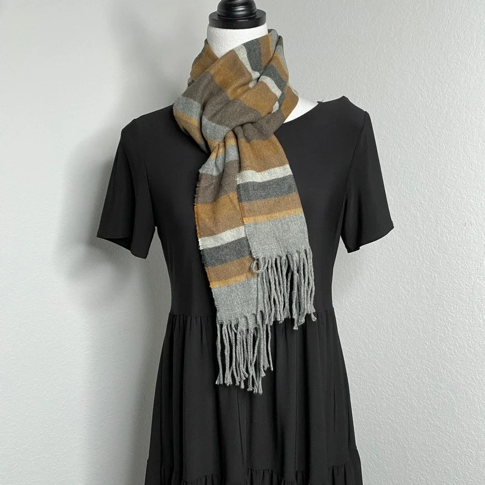 Striped Acrylic Scarf Shawl Fringed Tan Brown Grey White Made in Germany Unisex‎